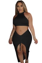 Summer Black Sexy Halter Crop Top y conjunto de falda irregular