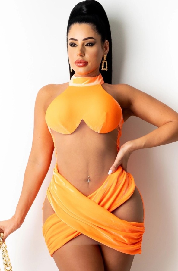 Summer Sexy Orange Patch Halter Club Dress