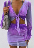 Autumn Tie Dye Purple Knotted Crop Top and Ruched Mini Skirt Set