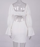 Autumn White Cut Out Puff Sleeves Mini Party Dress