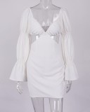 Autumn White Cut Out Puff Sleeves Mini Party Dress