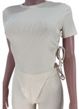 Summer Beige Ribbed Tight Crop Top and Pants Set