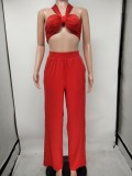 Summer Red Bandeau Top and Wid Leg Pants Set