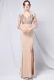 Summer Formal Gold Sequins Upper V-Neck Tassels Slit Evening Dress