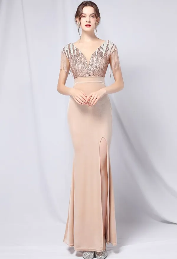 Summer Formal Gold Sequins Upper V-Neck Tassels Slit Evening Dress