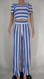 Summer Blue Stripes Crop Top and Wid Leg Pants Set