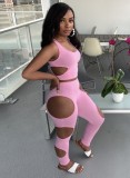 Summer Pink Sexy Cut Out Crop Top and Pants Set