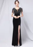 Summer Formal Black Sequins Upper V-Neck Tassels Slit Evening Dress