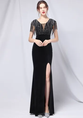 Summer Formal Black Sequins Upper V-Neck Tassels Slit Evening Dress