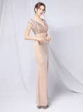 Summer Formal Gold Sequins Upper V-Neck Tassels Slit Evening Dress