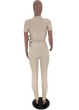 Summer Beige Ribbed Tight Crop Top and Pants Set