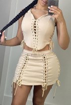 Summer Khaki Sexy Lace-Up Crop Top and Mini Skirt Set