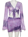 Autumn Tie Dye Purple Knotted Crop Top and Ruched Mini Skirt Set