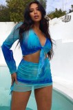 Autumn Tie Dye Blue Knotted Crop Top and Ruched Mini Skirt Set