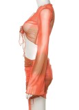 Autumn Tie Dye Orange Knotted Crop Top and Ruched Mini Skirt Set