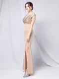 Summer Formal Gold Sequins Upper V-Neck Tassels Slit Evening Dress