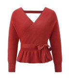Autumn Red Bat Sleeves Wrap Peplum Sweater Top with Belt