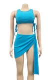 Summer Sexy Blue Strings Crop Top and Irregular Skirt Matching Set