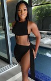 Summer Sexy Black Strings Crop Top and Irregular Skirt Matching Set