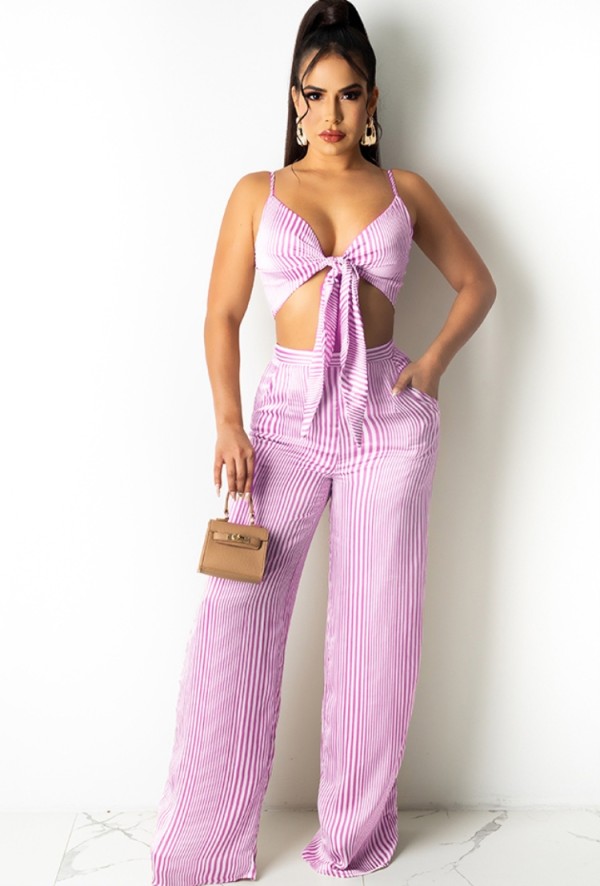 Summer Pink Stripes Crop Top and High Waist Pants Set