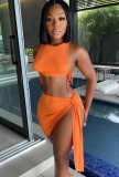 Summer Sexy Orange Strings Crop Top and Irregular Skirt Matching Set