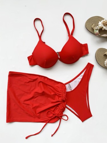 Three-Piece Red Push Up Cover-Up Strap Swimwear