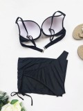 Three-Piece Black Push Up Cover-Up Strap Swimwear