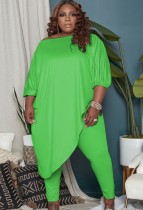 Autunno Plus Size Verde Irregolare Camicia Lunga e Pantaloni Stretti Set