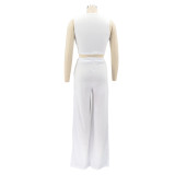 Summer Party White Cut Out Crop Top and High Waist Wide Trouser Set