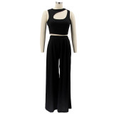 Summer Party Black Cut Out Crop Top and High Waist Wide Trouser Set