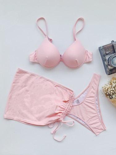 Three-Piece Pink Push Up Cover-Up Strap Swimwear