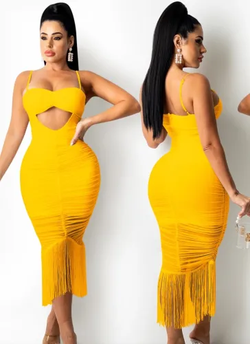 Summer Yellow Sexy Fringe Strap Long Party Dress