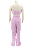 Summer Pink Stripes Crop Top and High Waist Pants Set