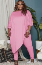 Herbst Plus Size Pink Unregelmäßiges langes Hemd und enge Hose Set