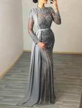 Vestido de noche de manga larga con lentejuelas gris formal de otoño