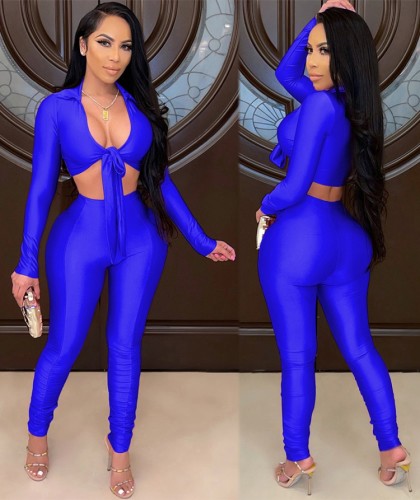 Autumn Blue Crop Top and Stacked Pants 2PC Set