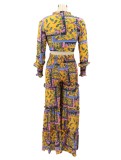 Autumn Print Knotted Crop Top and Wide Pants 2PC Set