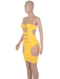 Verano amarillo sexy ahueca hacia fuera la correa mini vestido ajustado