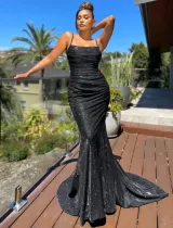Summer Formal Black Sparkly Strap Mermaid Evening Dress