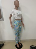 Summer Casual Print White Shirt and Blue Pants 2PC Set