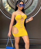 Sommer Gelb Sexy Aushöhlen Träger Mini Bodycon Kleid