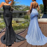 Summer Formal Blue Sparkly Strap Mermaid Evening Dress