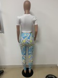 Summer Casual Print White Shirt and Blue Pants 2PC Set