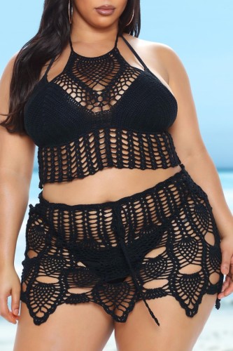 Summer Plus Size Black Knit Fishnet Crop Top and Skirt Set