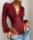 Autumn Red Lace Patch Sexy Deep-V High Cut Long Sleeve Bodysuit