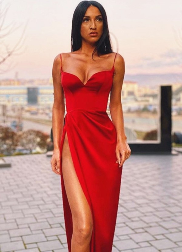 Summer Formal Red Slit Strap Long Evening Dress