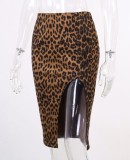 Autumn Formal Leopard High Waist Slit Tight Skirt