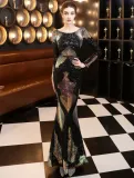 Autumn Formal Sequin Black O-Neck Long Sleeve Mermaid Evening Dress