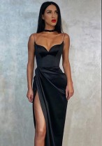 Vestido de noche largo con correa de hendidura negra formal de verano