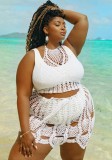 Summer Plus Size White Knit Fishnet Crop Top and Skirt Set